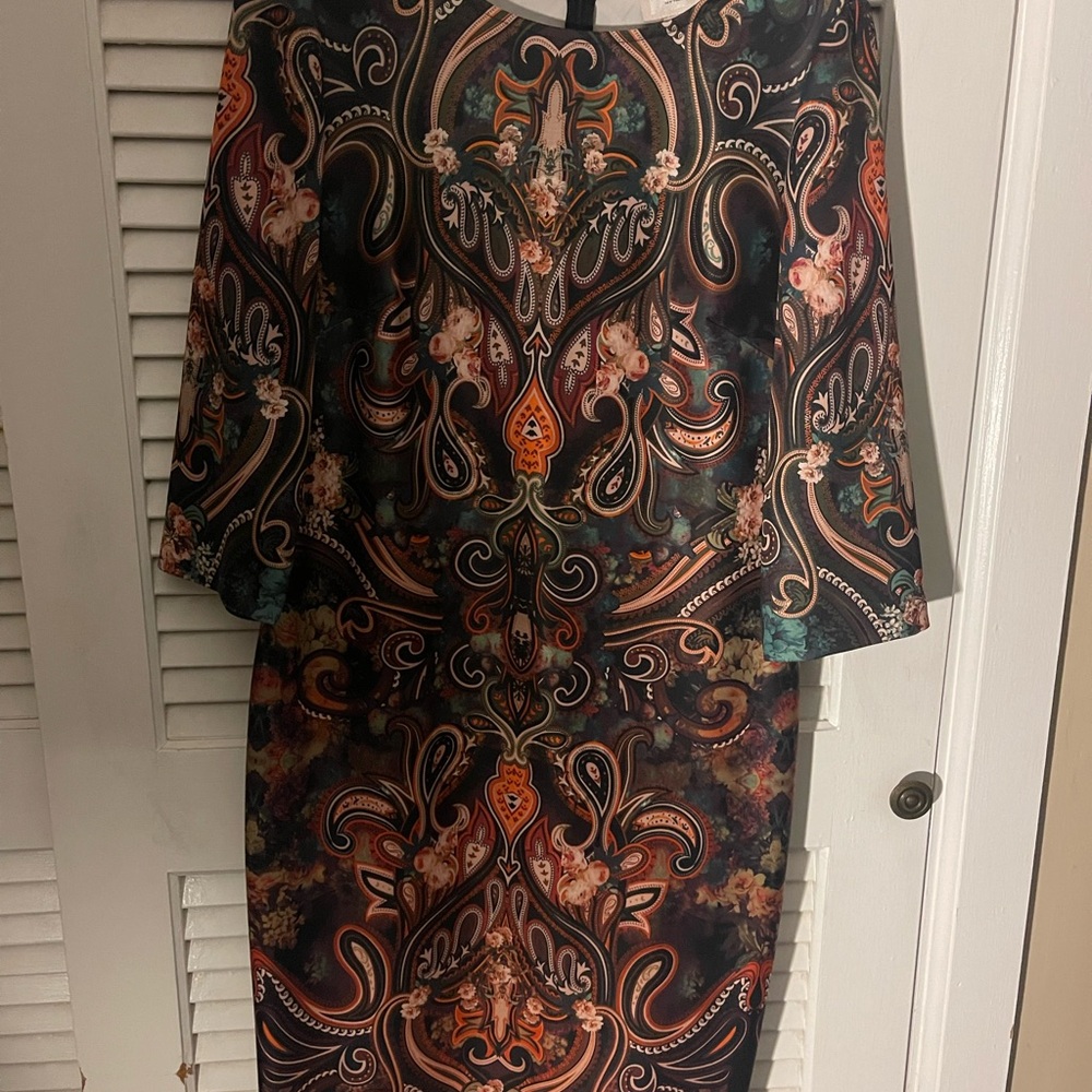 ECI Black and Orange Paisley Long Sleeve Dress